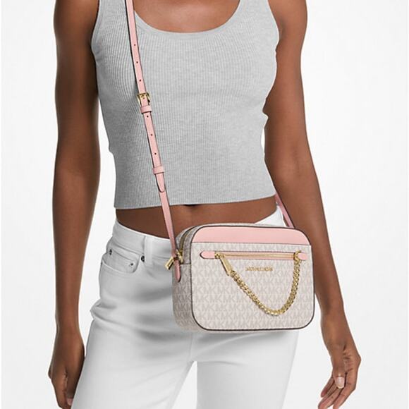 MICHAEL Kors Pink /White Jet Set Large Logo Crossbody Bag NWT - Picture 1 of 7